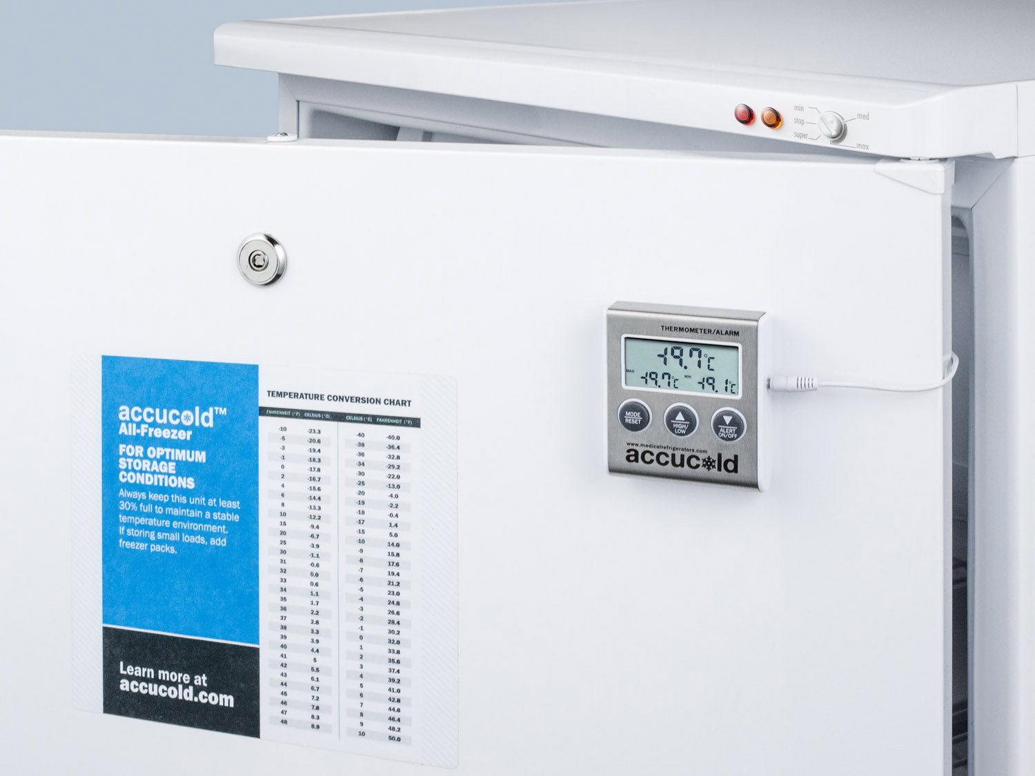 Built-in undercounter freezer capable of -25 C operation; includes audible alarm, lock, and hospital grade plug